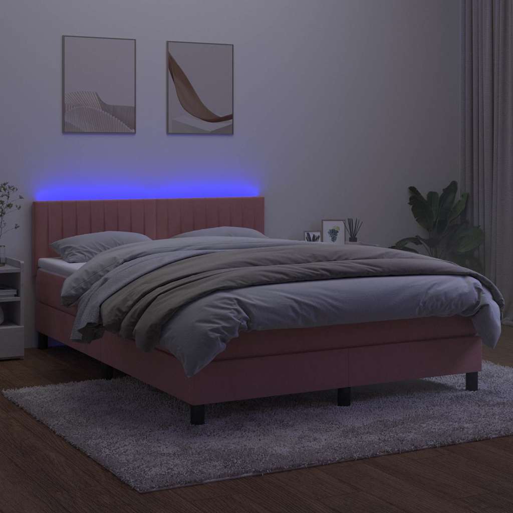Rózsaszín bársony rugós és LED-es ágy matraccal 140x190 cm 4