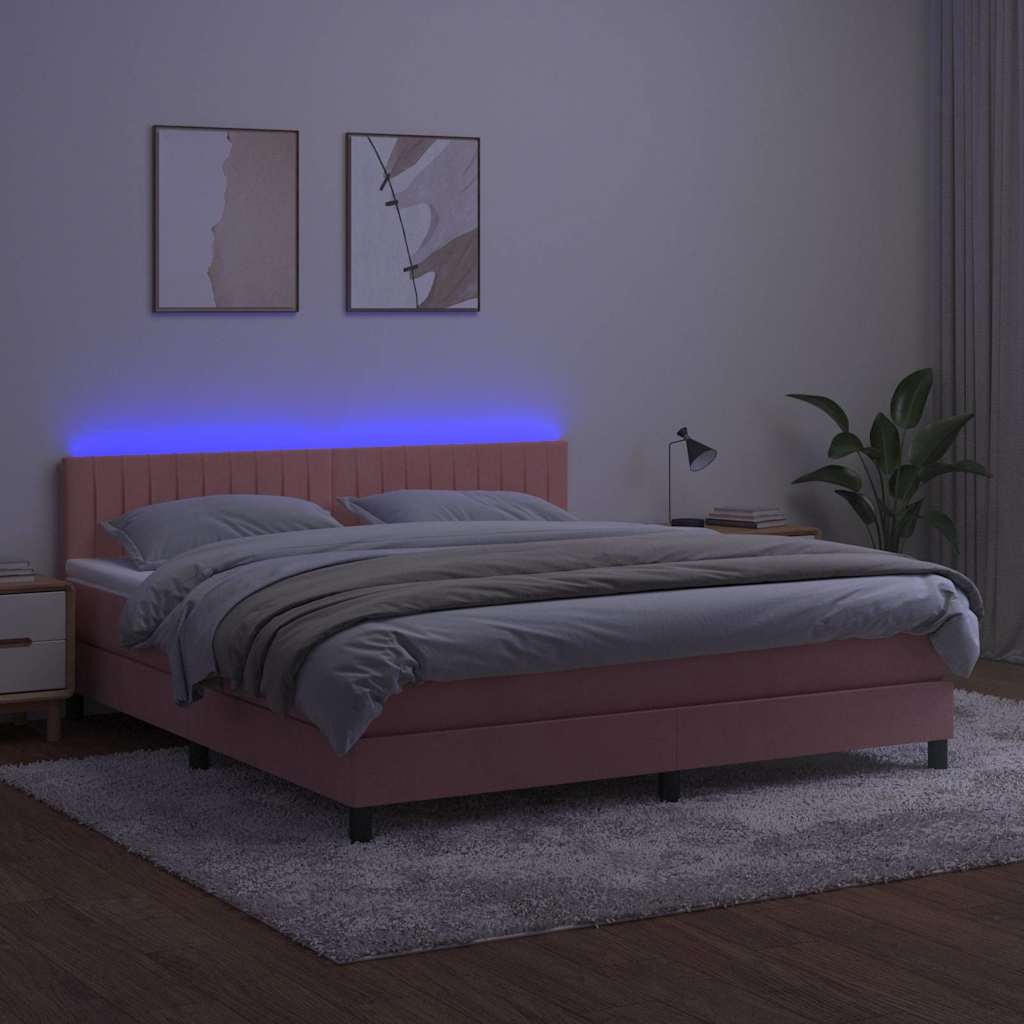 Rózsaszín bársony rugós és LED-es ágy matraccal 160x200 cm 4