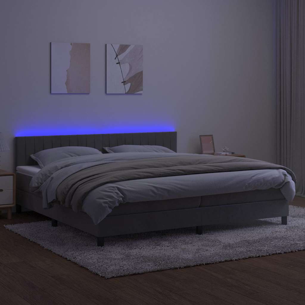 Világosszürke bársony rugós és LED-es ágy matraccal 200x200 cm 4