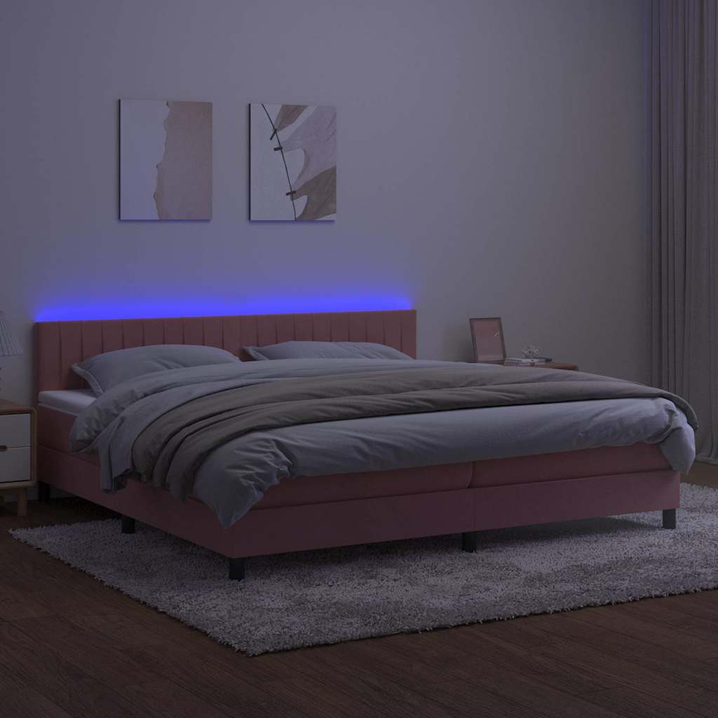 Rózsaszín bársony rugós és LED-es ágy matraccal 200x200 cm 4
