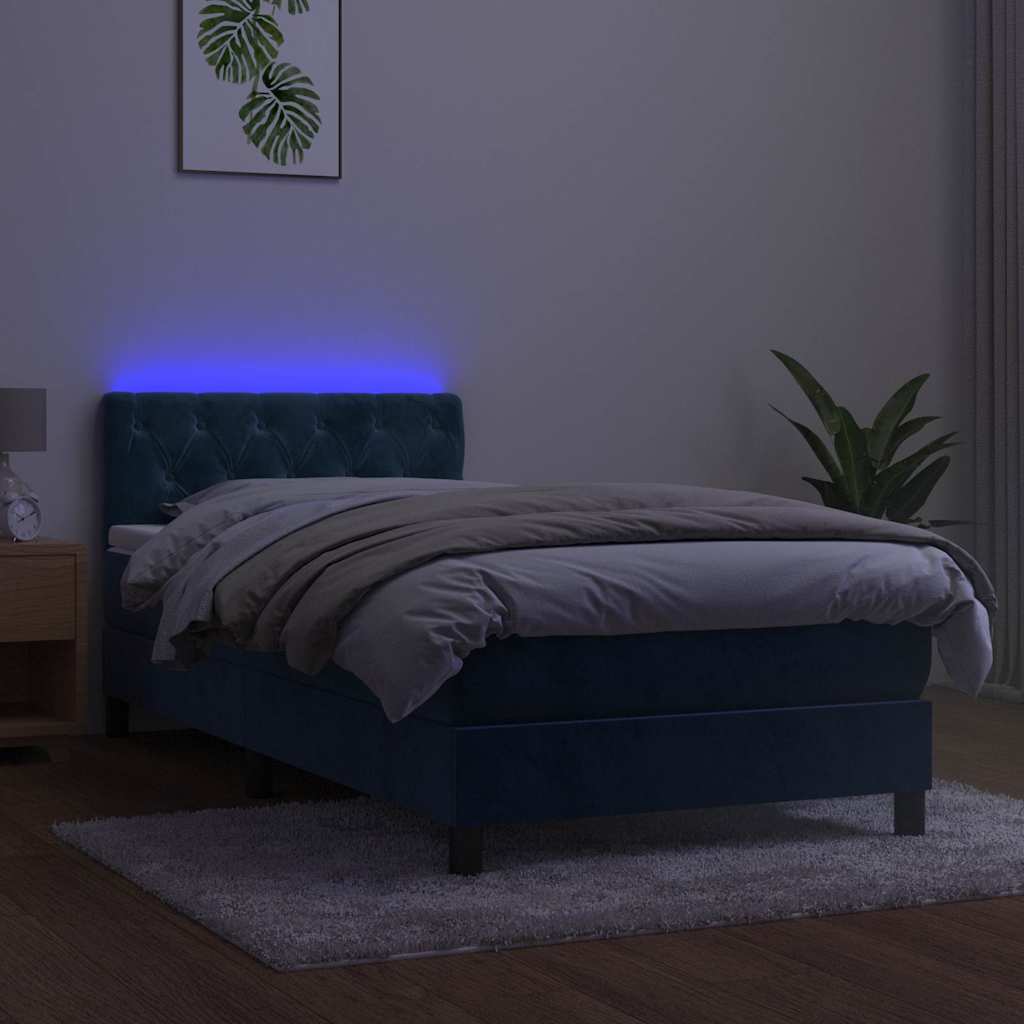 Sötétkék bársony rugós és LED-es ágy matraccal 80 x 200 cm 4