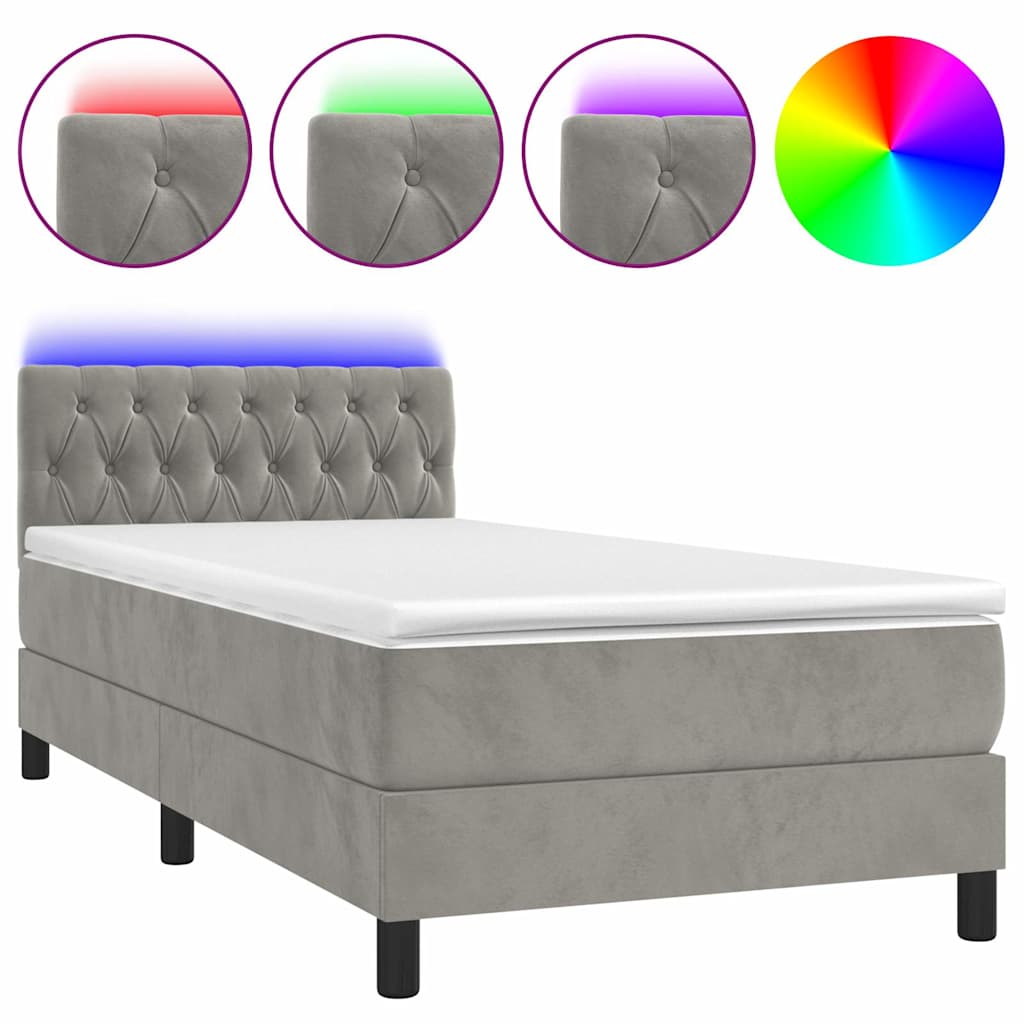 Világosszürke bársony rugós és LED-es ágy matraccal 90x190 cm 2