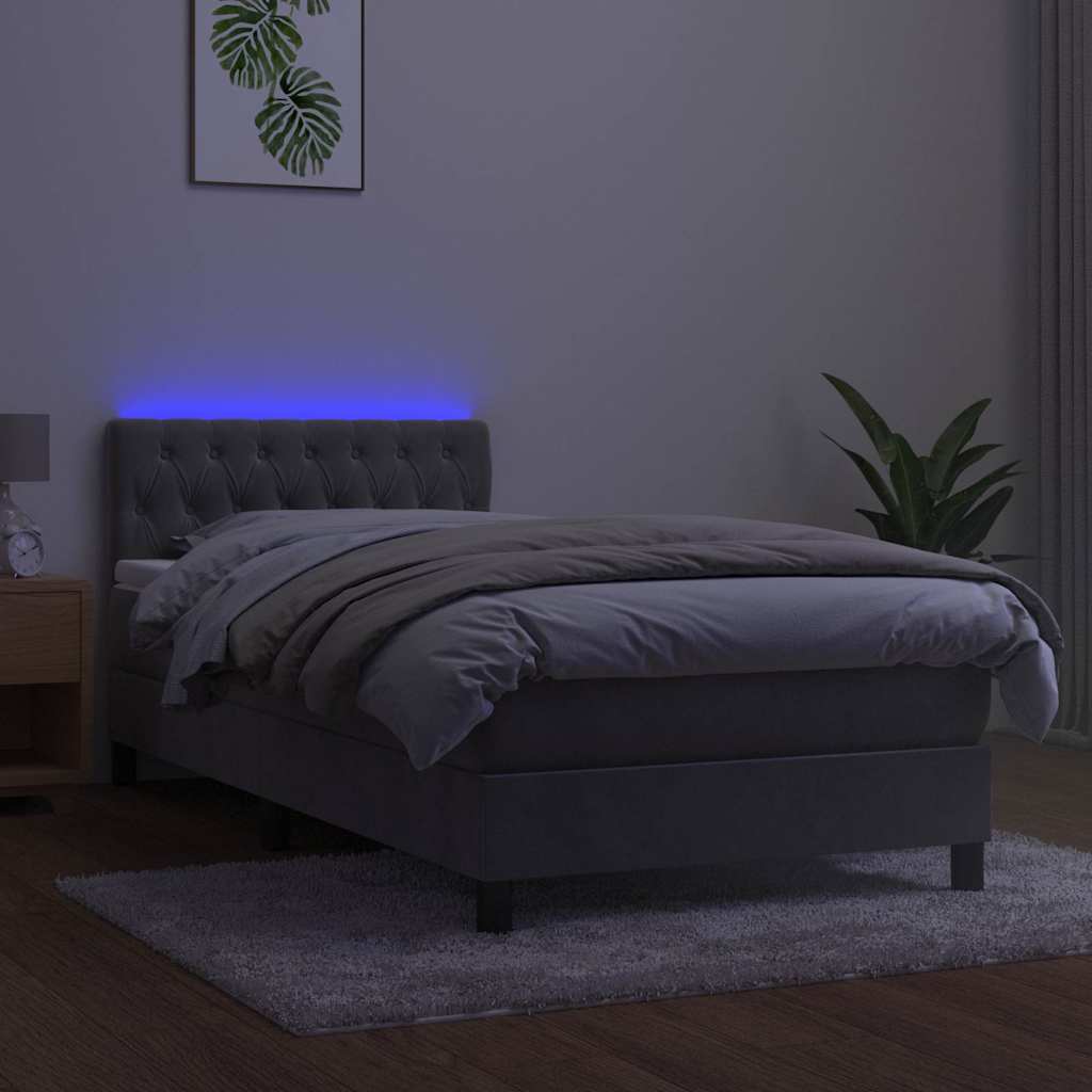 Világosszürke bársony rugós és LED-es ágy matraccal 90x190 cm 4