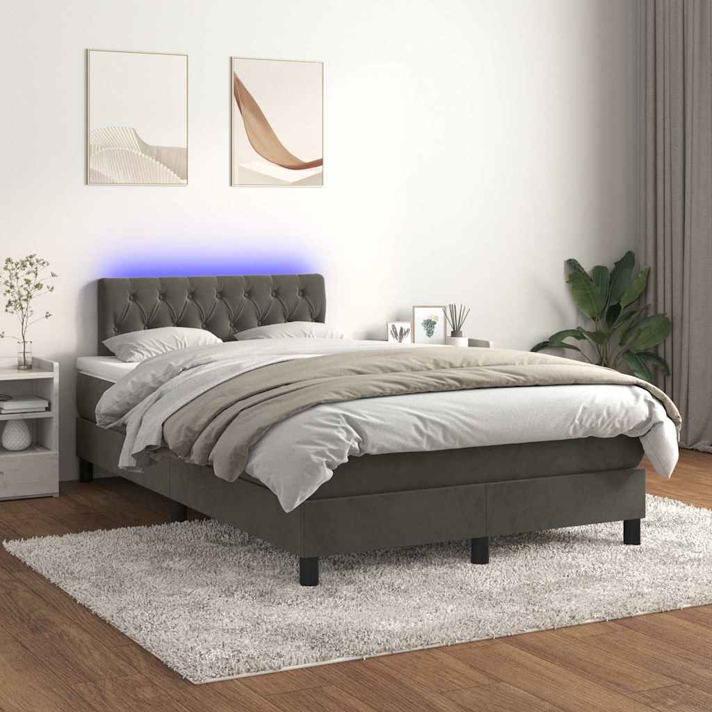 Sötétszürke bársony rugós és LED-es ágy matraccal 120x200 cm