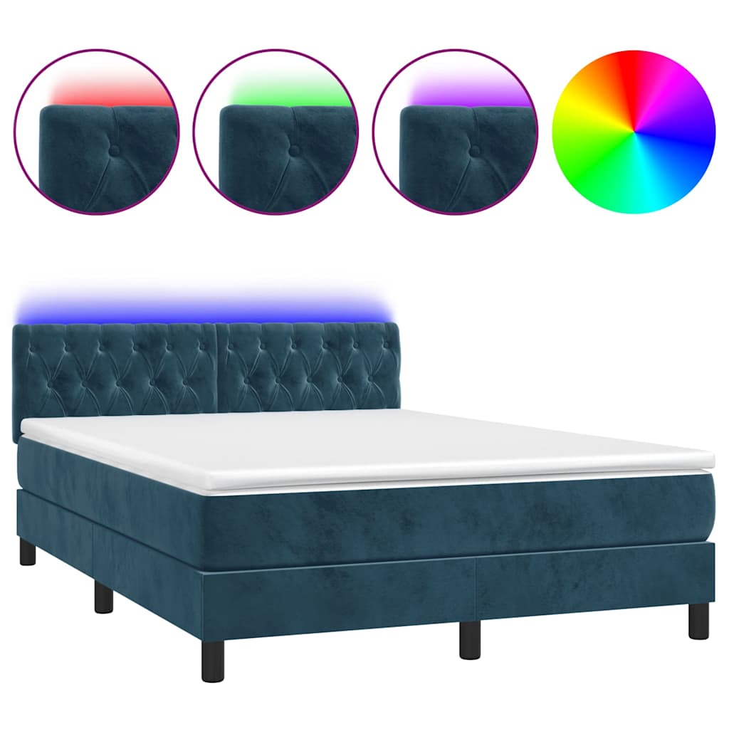 Sötétkék bársony rugós és LED-es ágy matraccal 140x190 cm 2