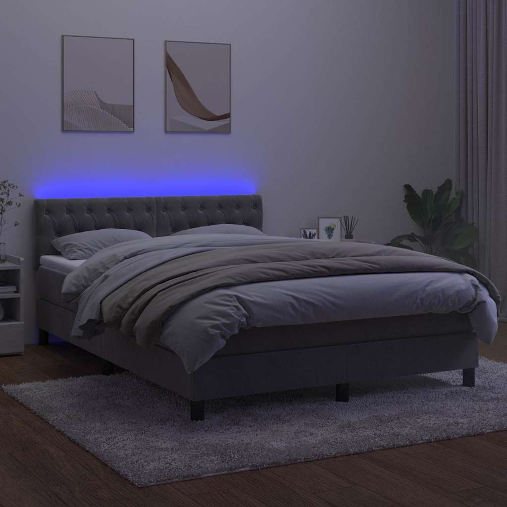 Világosszürke bársony rugós és LED-es ágy matraccal 140x200 cm 4