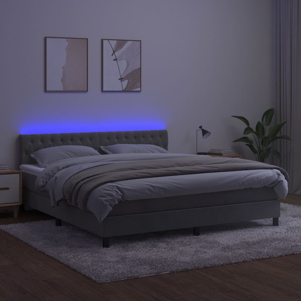 Világosszürke bársony rugós és LED-es ágy matraccal 180x200 cm 4
