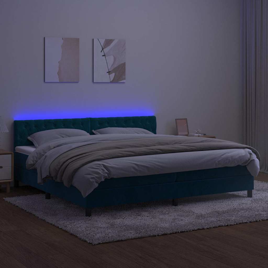 Sötétkék bársony rugós és LED-es ágy matraccal 200x200 cm 4