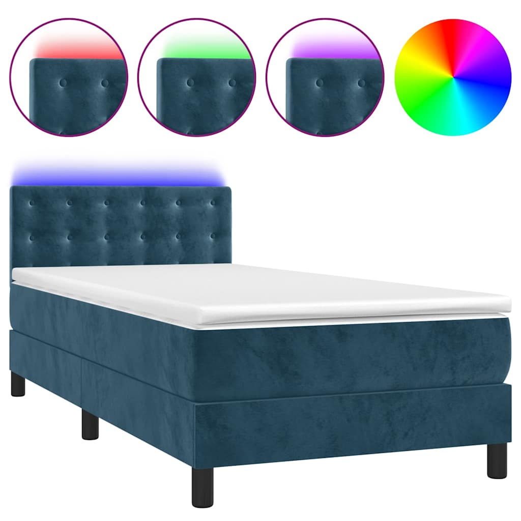 Sötétkék bársony rugós és LED-es ágy matraccal 80 x 200 cm 2