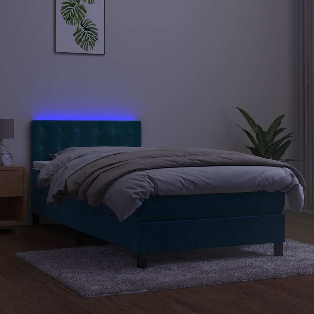 Sötétkék bársony rugós és LED-es ágy matraccal 80 x 200 cm 4