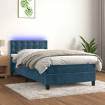 Sötétkék bársony rugós és LED-es ágy matraccal 80 x 200 cm