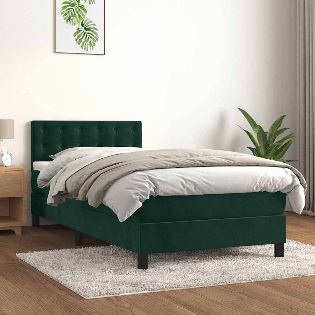 Sötétzöld bársony rugós és LED-es ágy matraccal 90x190 cm