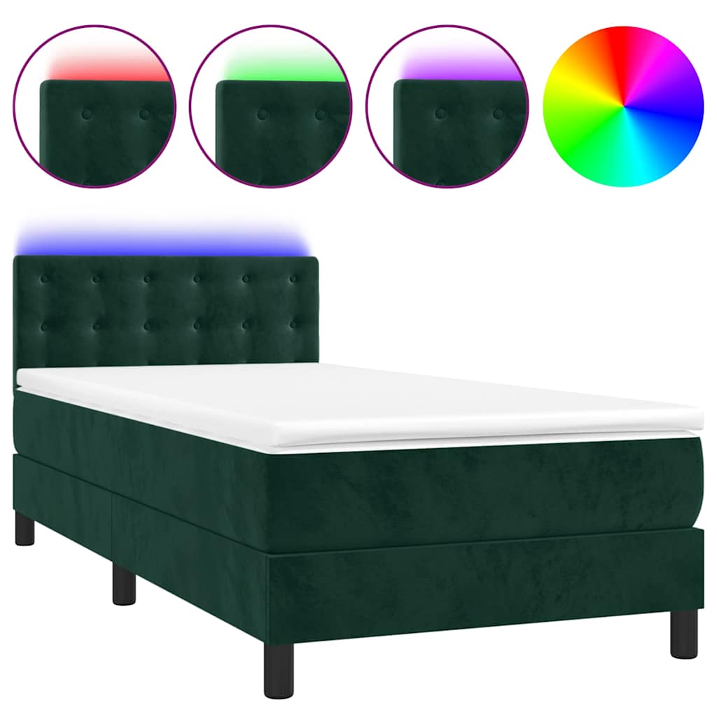 Sötétzöld bársony rugós és LED-es ágy matraccal 90x200 cm 2