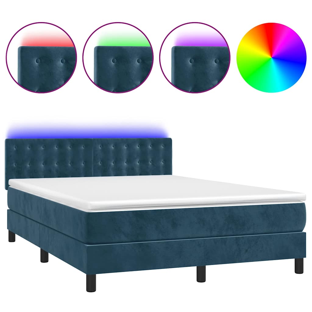Sötétkék bársony rugós és LED-es ágy matraccal 140x190 cm 2