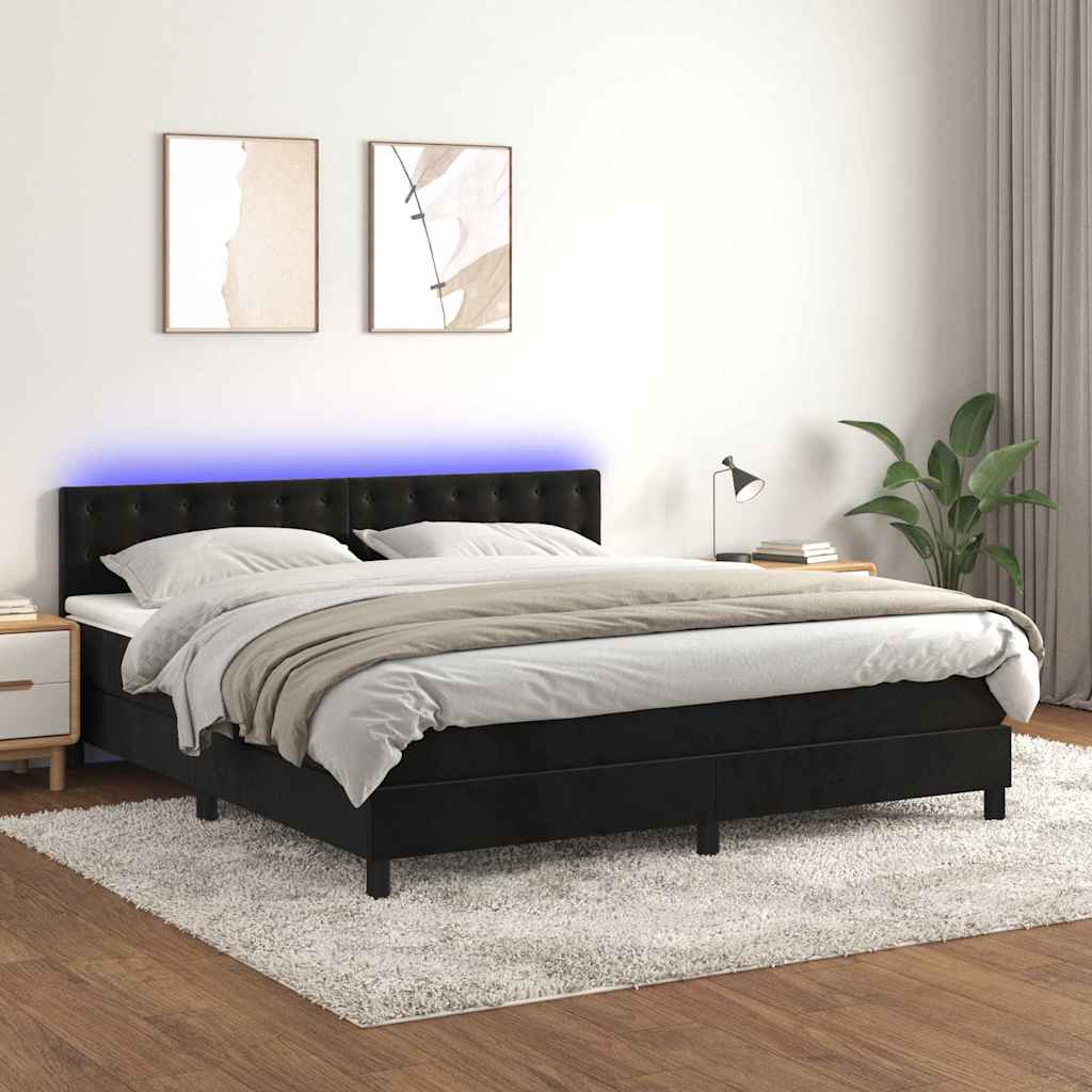Fekete bársony rugós és LED-es ágy matraccal 160x200 cm