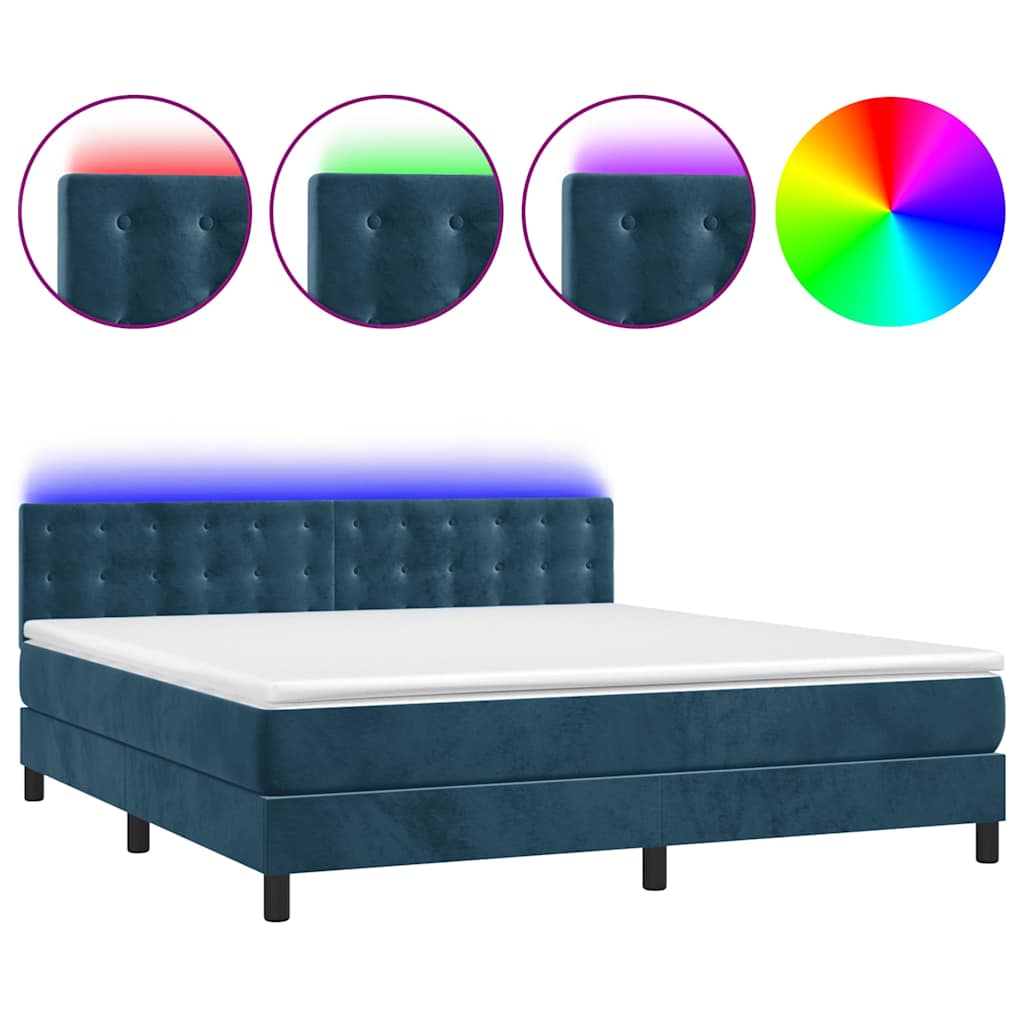 Sötétkék bársony rugós és LED-es ágy matraccal 160x200 cm 2