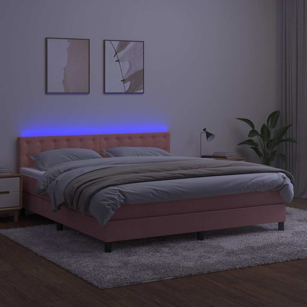 Rózsaszín bársony rugós és LED-es ágy matraccal 180x200 cm 4