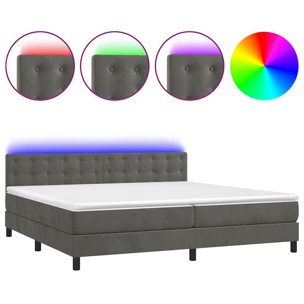 Sötétszürke bársony rugós és LED-es ágy matraccal 200x200 cm 2