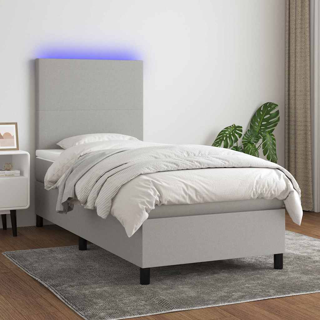 Világosszürke szövet rugós és LED-es ágy matraccal 90x200 cm