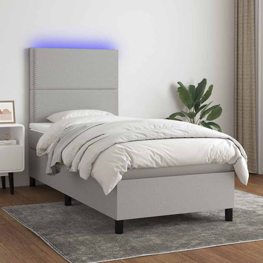 Világosszürke szövet rugós és LED-es ágy matraccal 100x200 cm