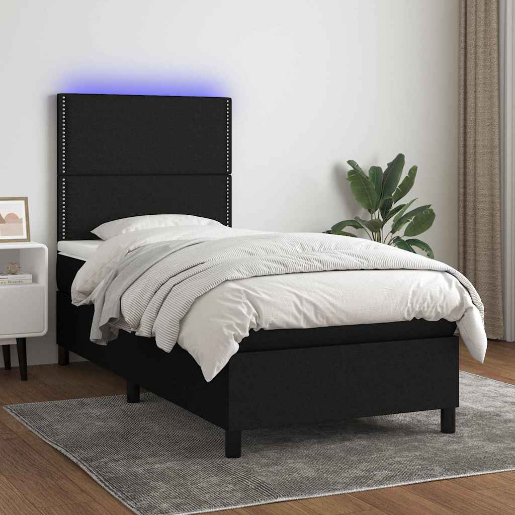Fekete szövet rugós és LED-es ágy matraccal 100x200 cm