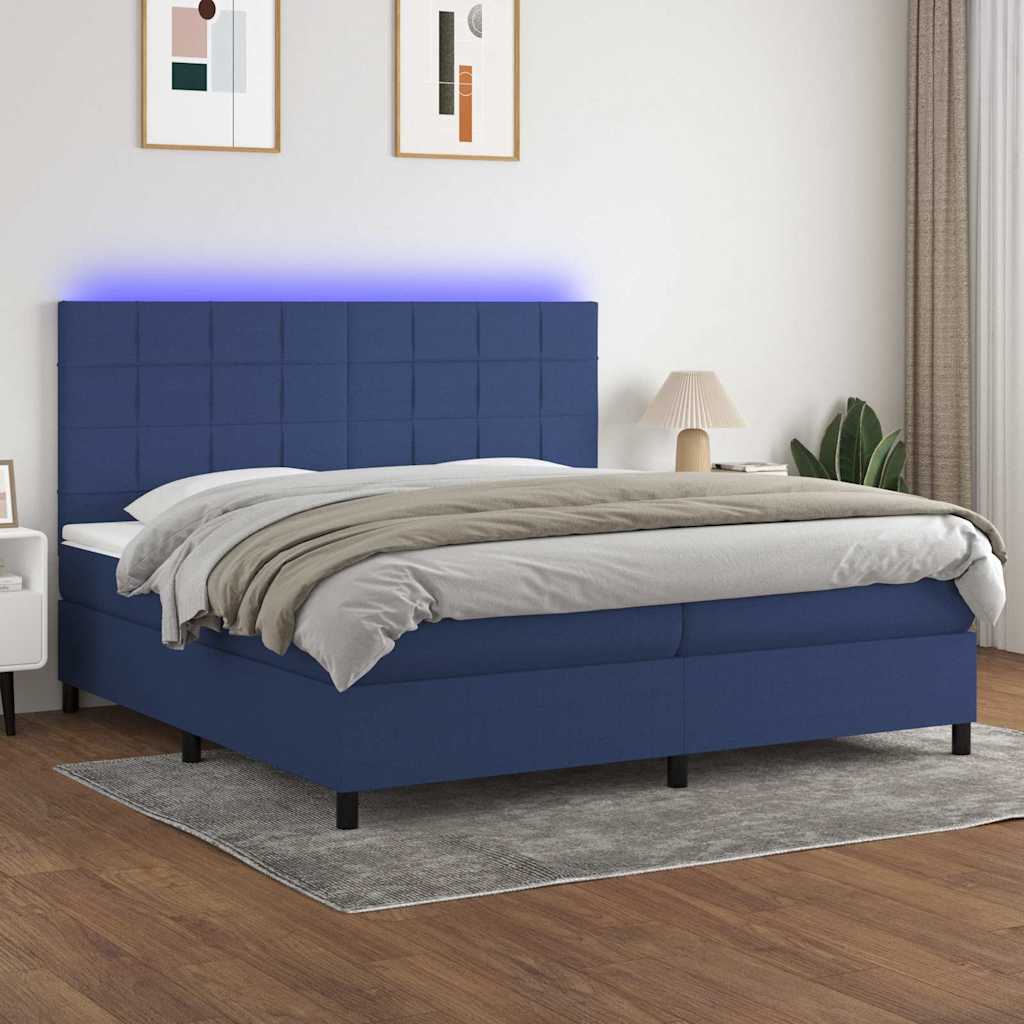 Kék szövet rugós és LED-es ágy matraccal 200 x 200 cm