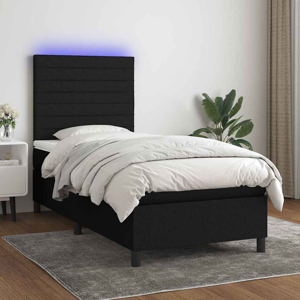 Fekete szövet rugós és LED-es ágy matraccal 80 x 200 cm