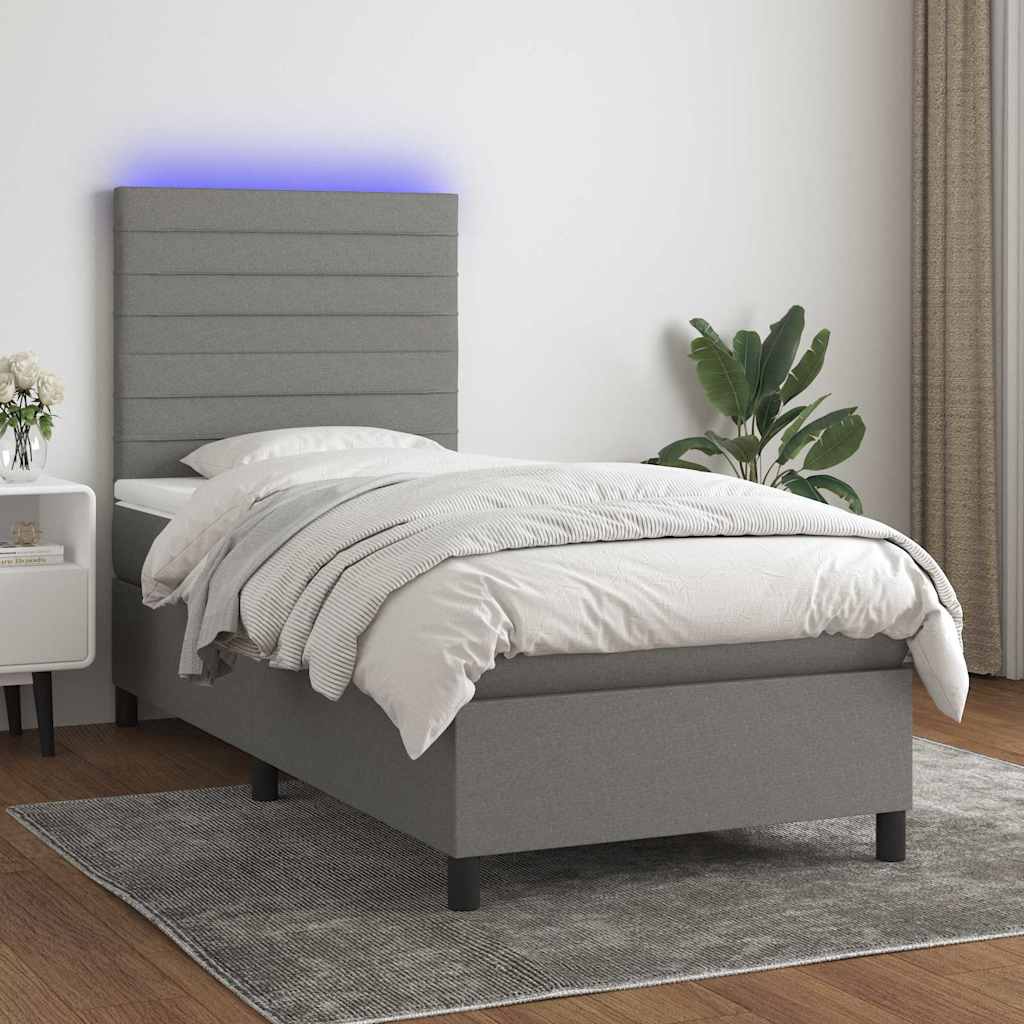 Sötétszürke szövet rugós és LED-es ágy matraccal 90x190 cm