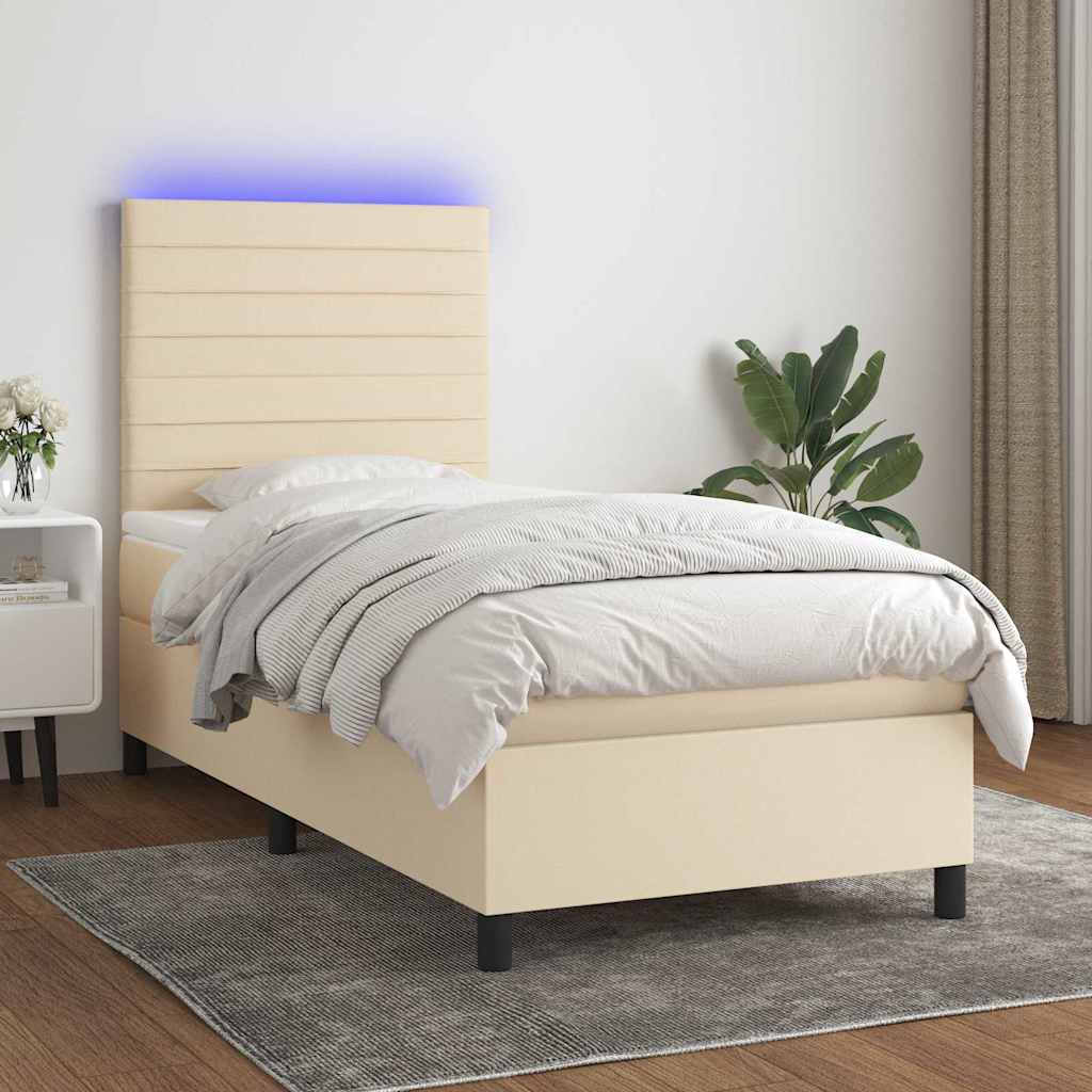 Krémszínű szövet rugós és LED-es ágy matraccal 90x190 cm