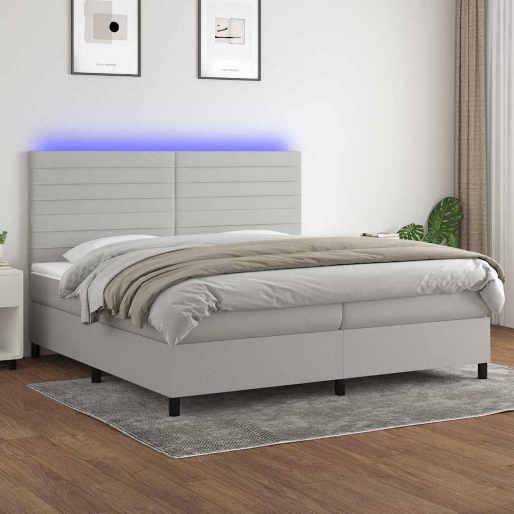 Világosszürke szövet rugós és LED-es ágy matraccal 200x200 cm