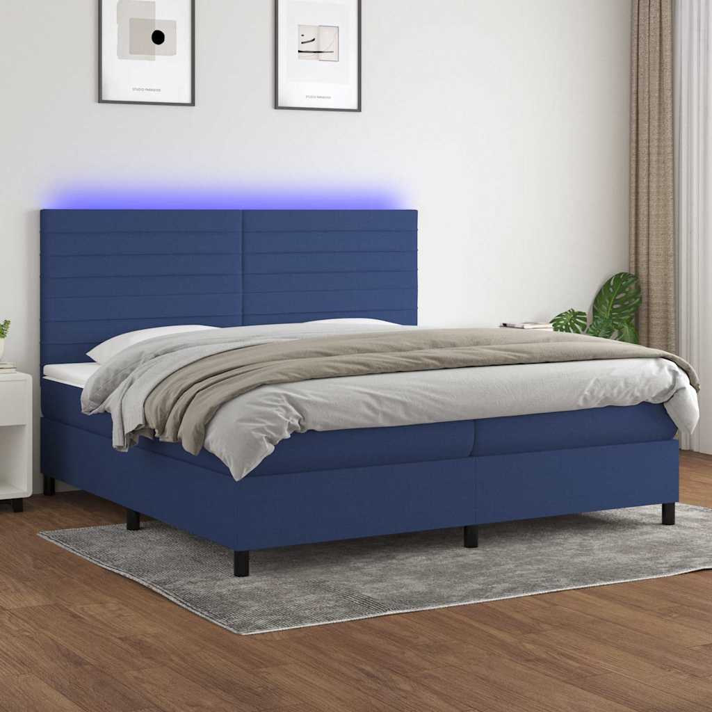 Kék szövet rugós és LED-es ágy matraccal 200 x 200 cm