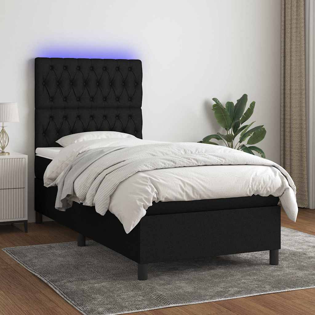 Fekete szövet rugós és LED-es ágy matraccal 80 x 200 cm