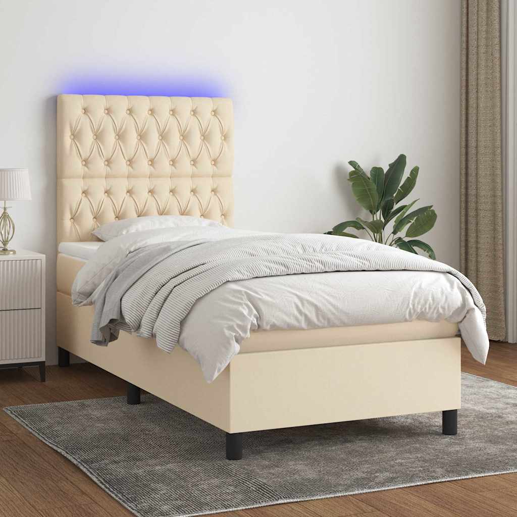 Krémszínű szövet rugós és LED-es ágy matraccal 90x190 cm