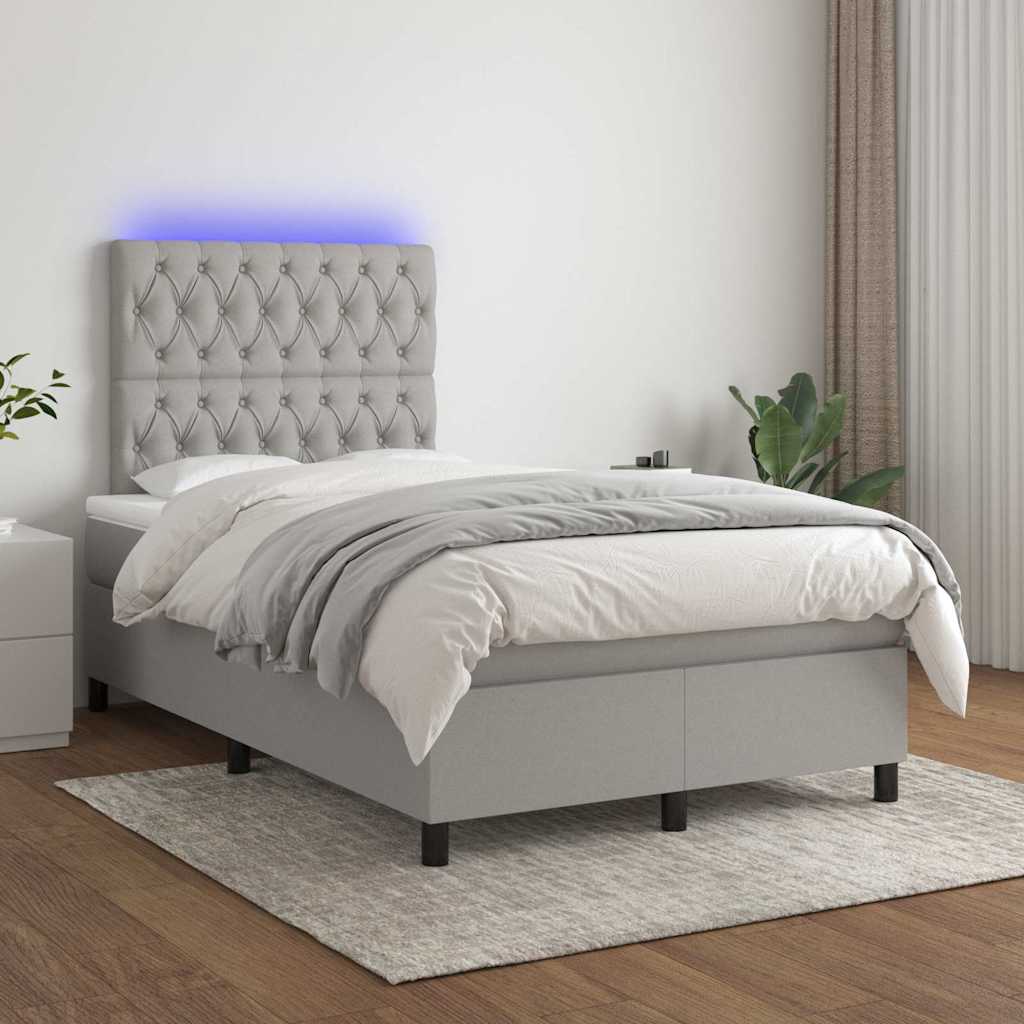 Világosszürke szövet rugós és LED-es ágy matraccal 120 x 200 cm
