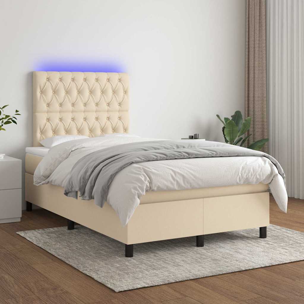 Krémszínű szövet rugós és LED-es ágy matraccal 120 x 200 cm