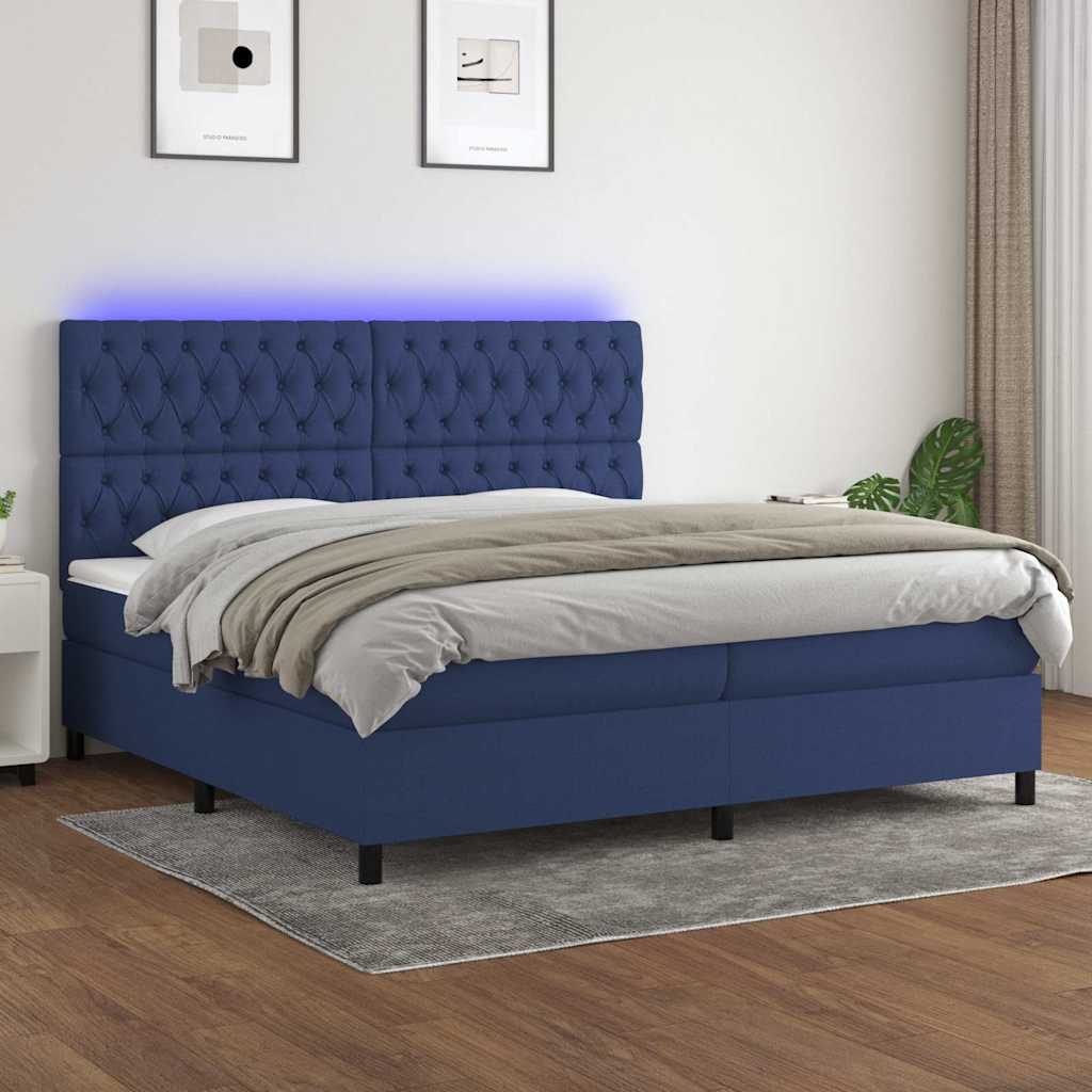Kék szövet rugós és LED-es ágy matraccal 200 x 200 cm