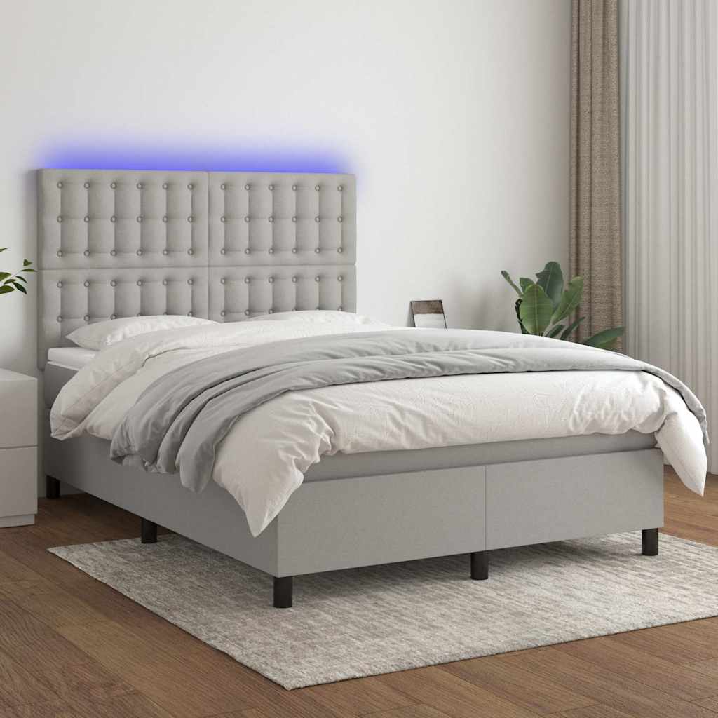 Világosszürke szövet rugós és LED-es ágy matraccal 140x200 cm