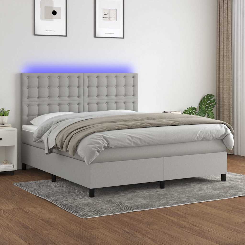 Világosszürke szövet rugós és LED-es ágy matraccal 160x200 cm
