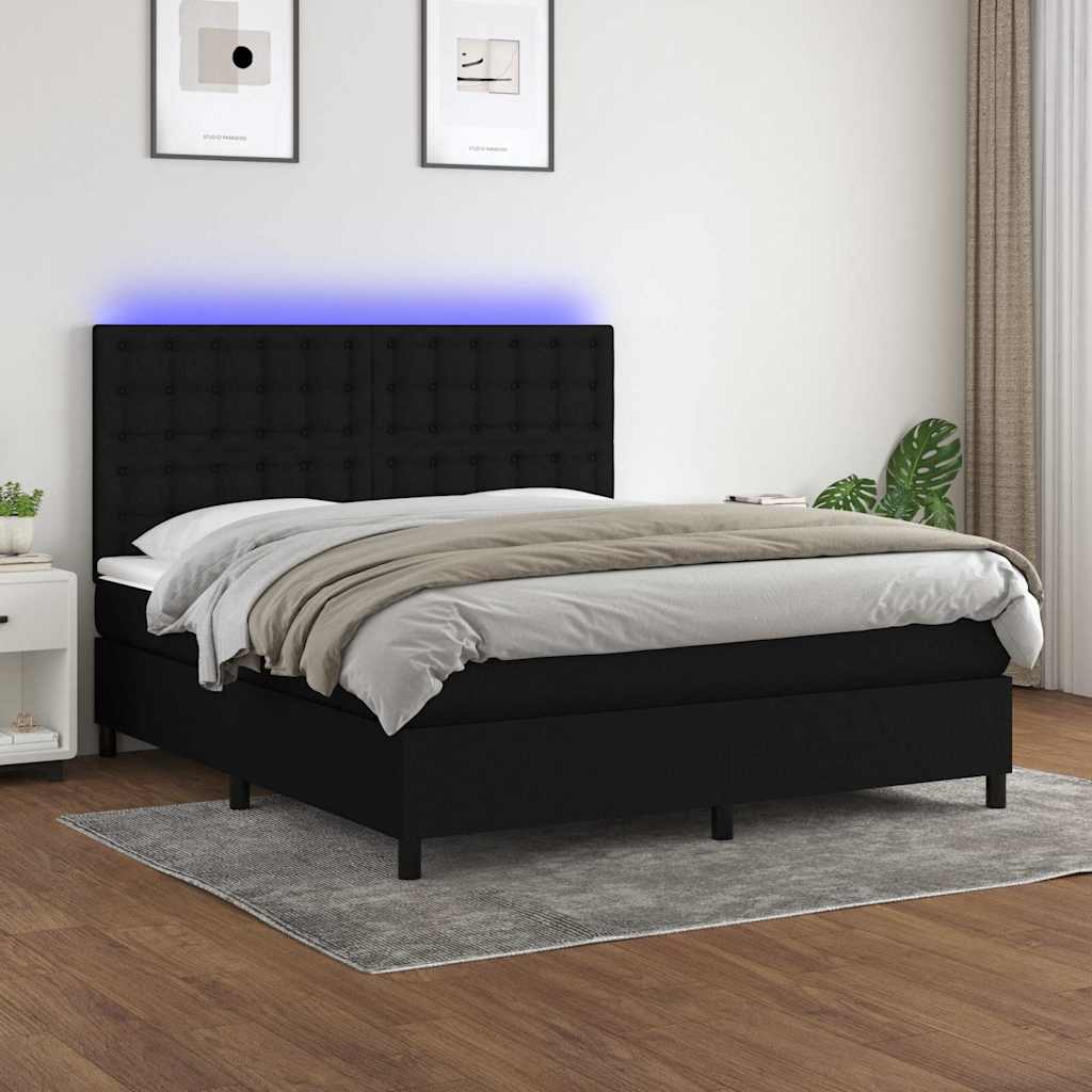 Fekete szövet rugós és LED-es ágy matraccal 180 x 200 cm