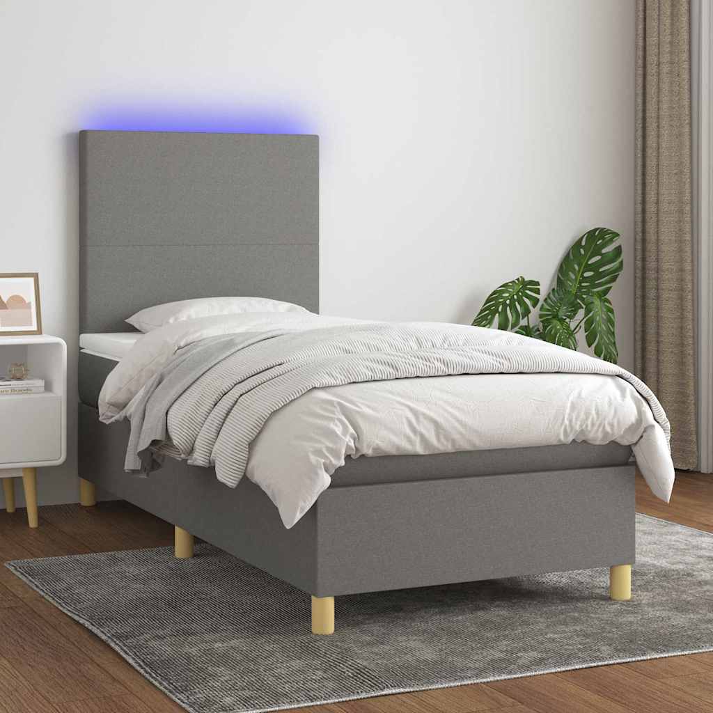 Sötétszürke szövet rugós és LED-es ágy matraccal 80 x 200 cm