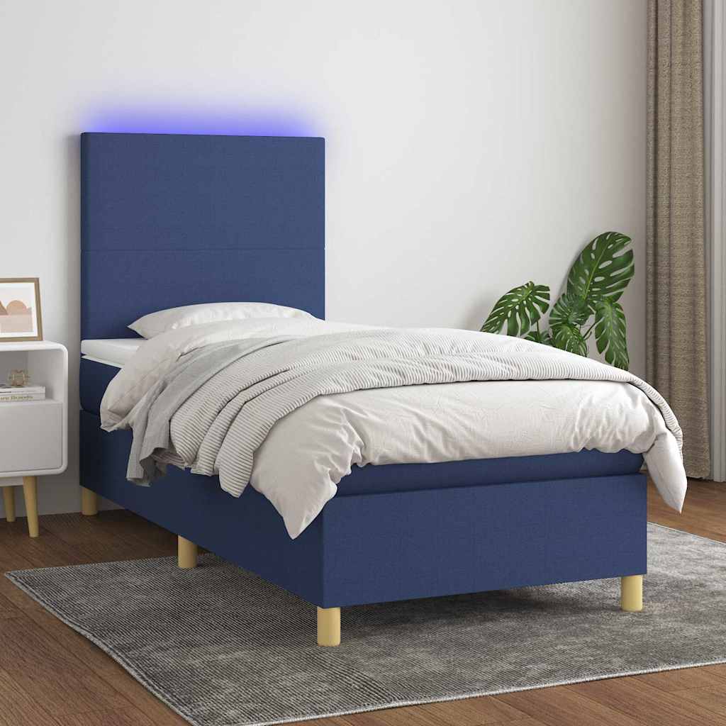 Kék szövet rugós és LED-es ágy matraccal 90x190 cm