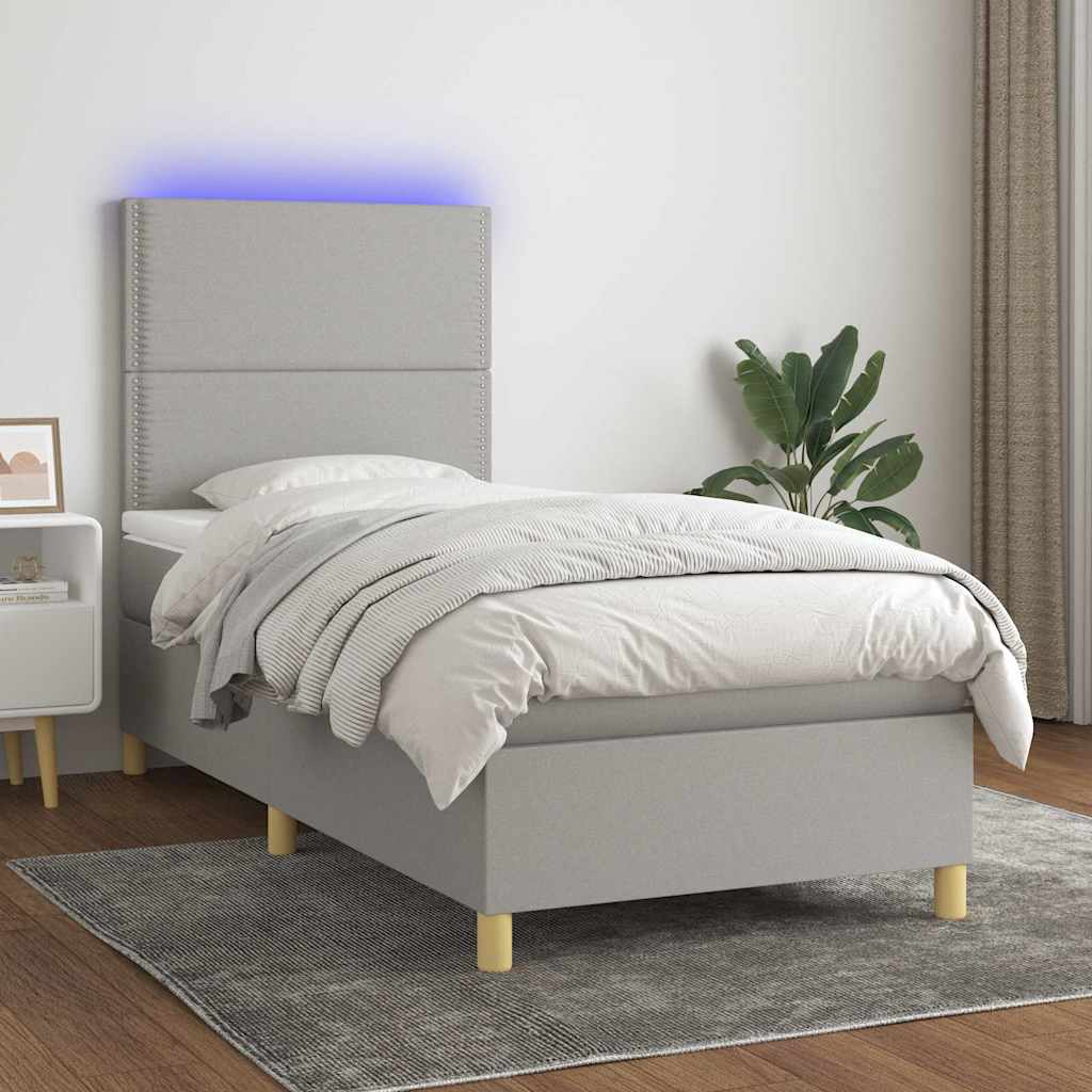 Világosszürke szövet rugós és LED-es ágy matraccal 90x200 cm