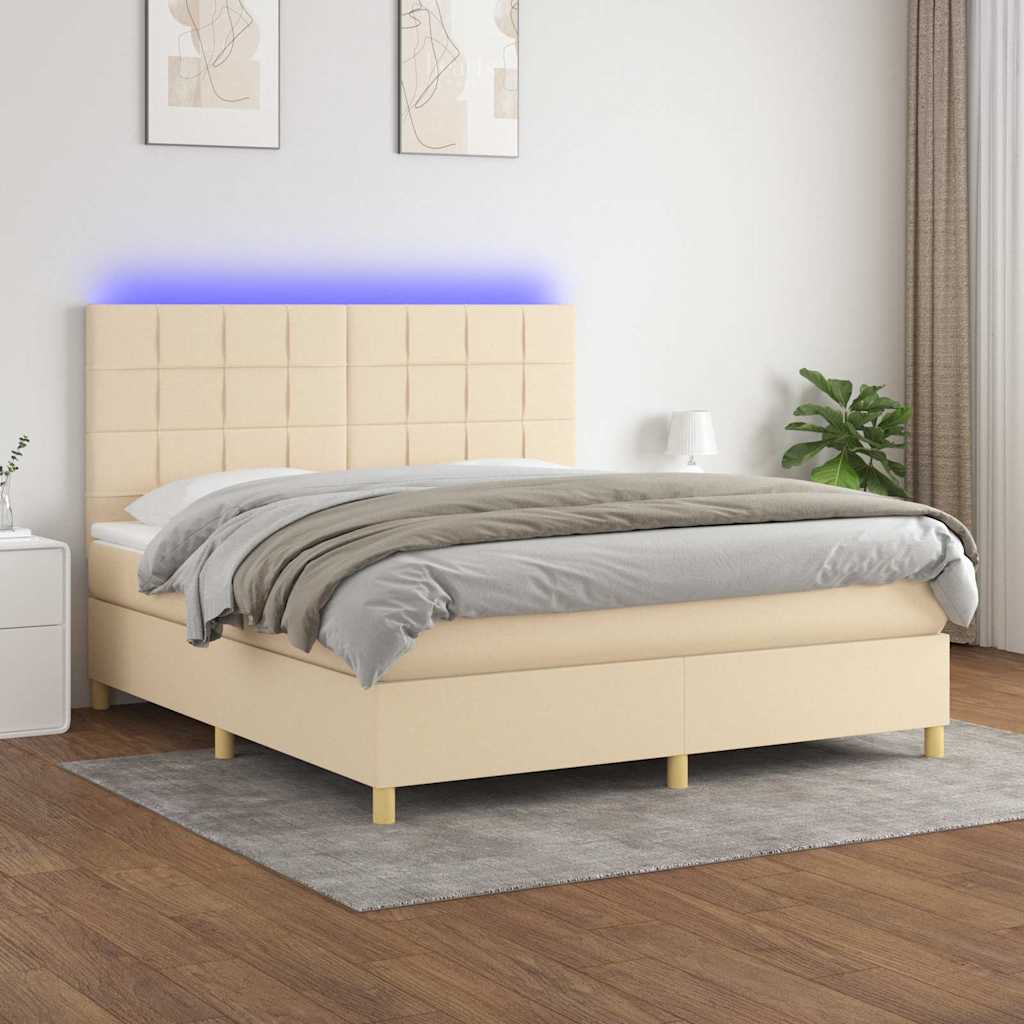Krémszínű szövet rugós és LED-es ágy matraccal 160x200 cm