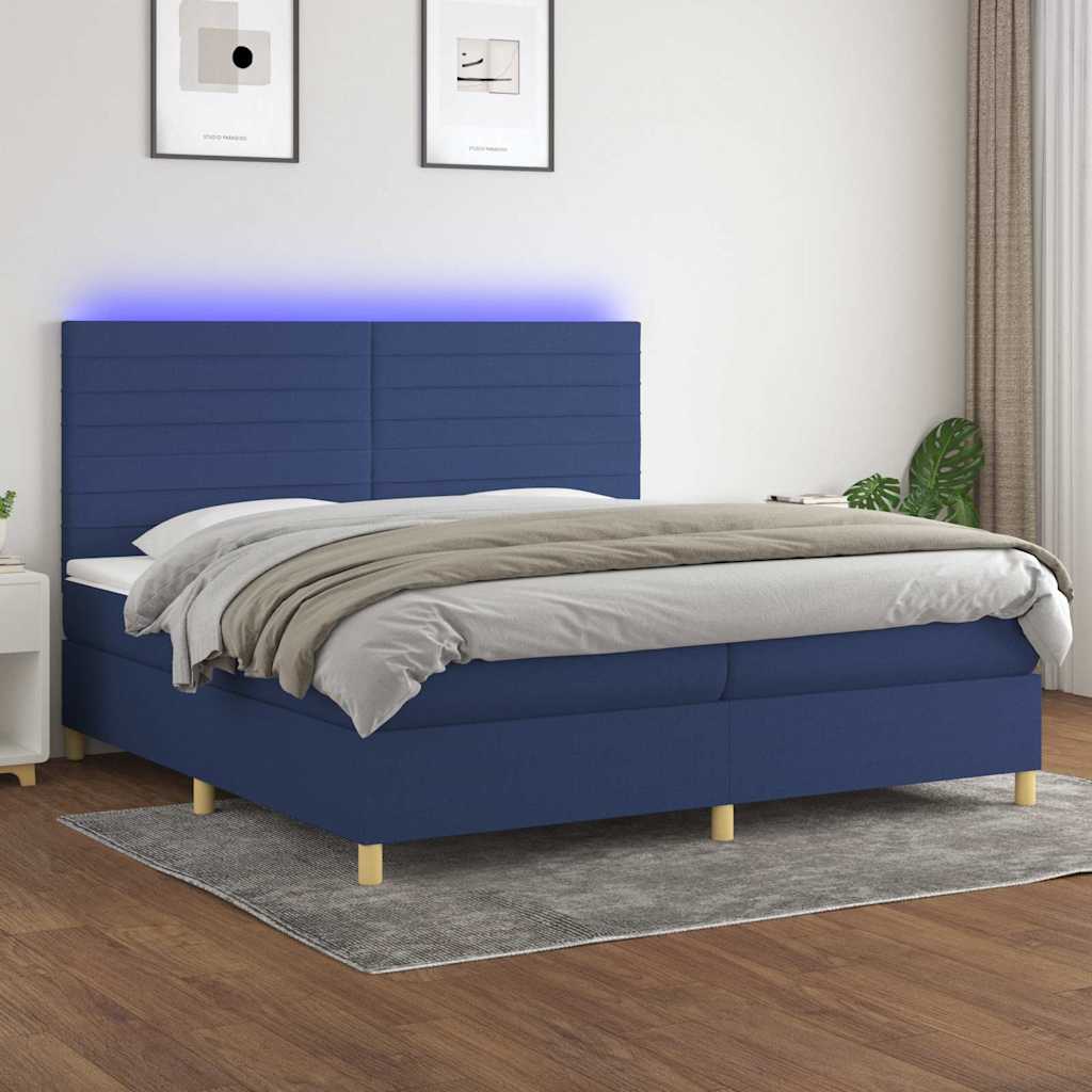 Kék szövet rugós és LED-es ágy matraccal 200 x 200 cm