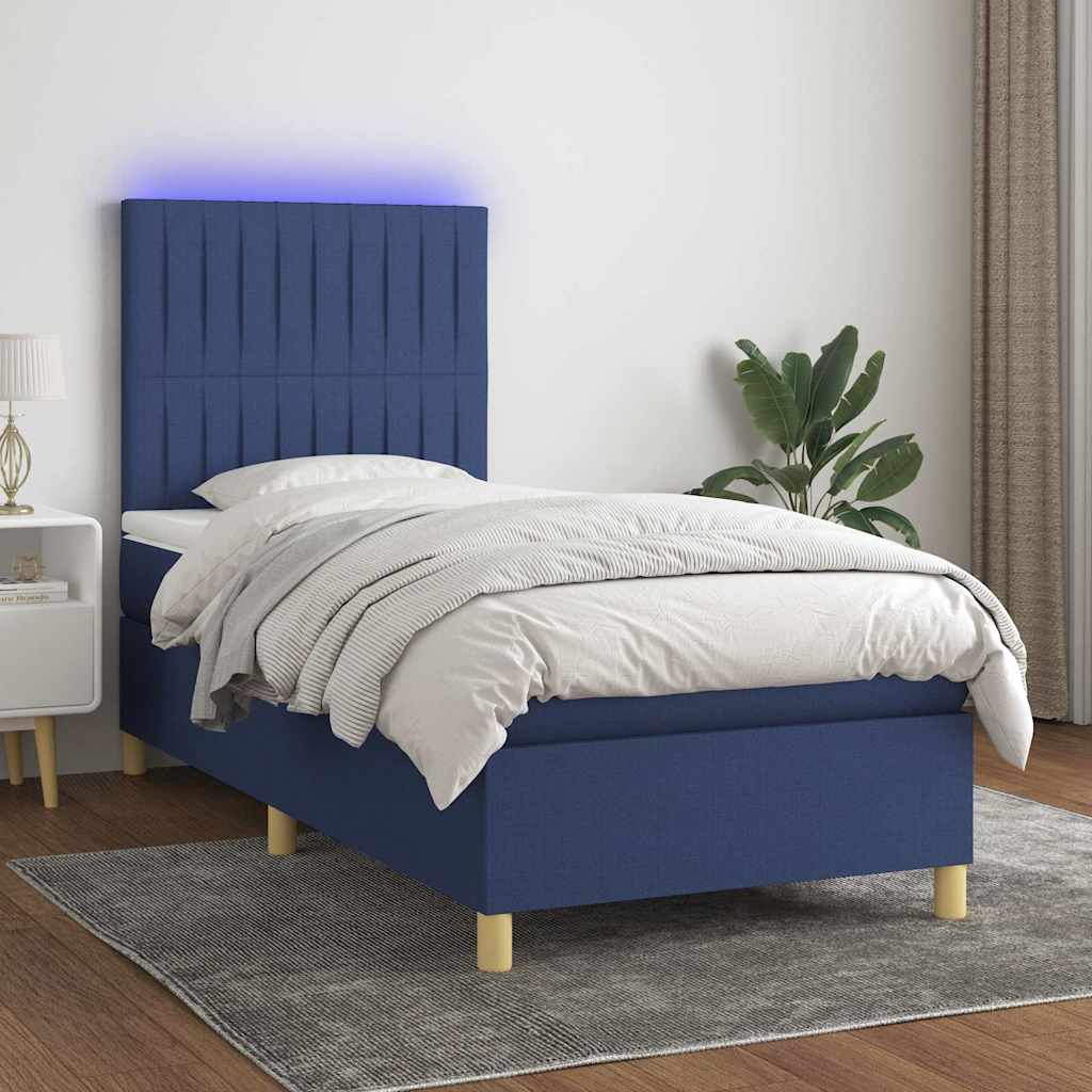 Kék szövet rugós és LED-es ágy matraccal 80 x 200 cm