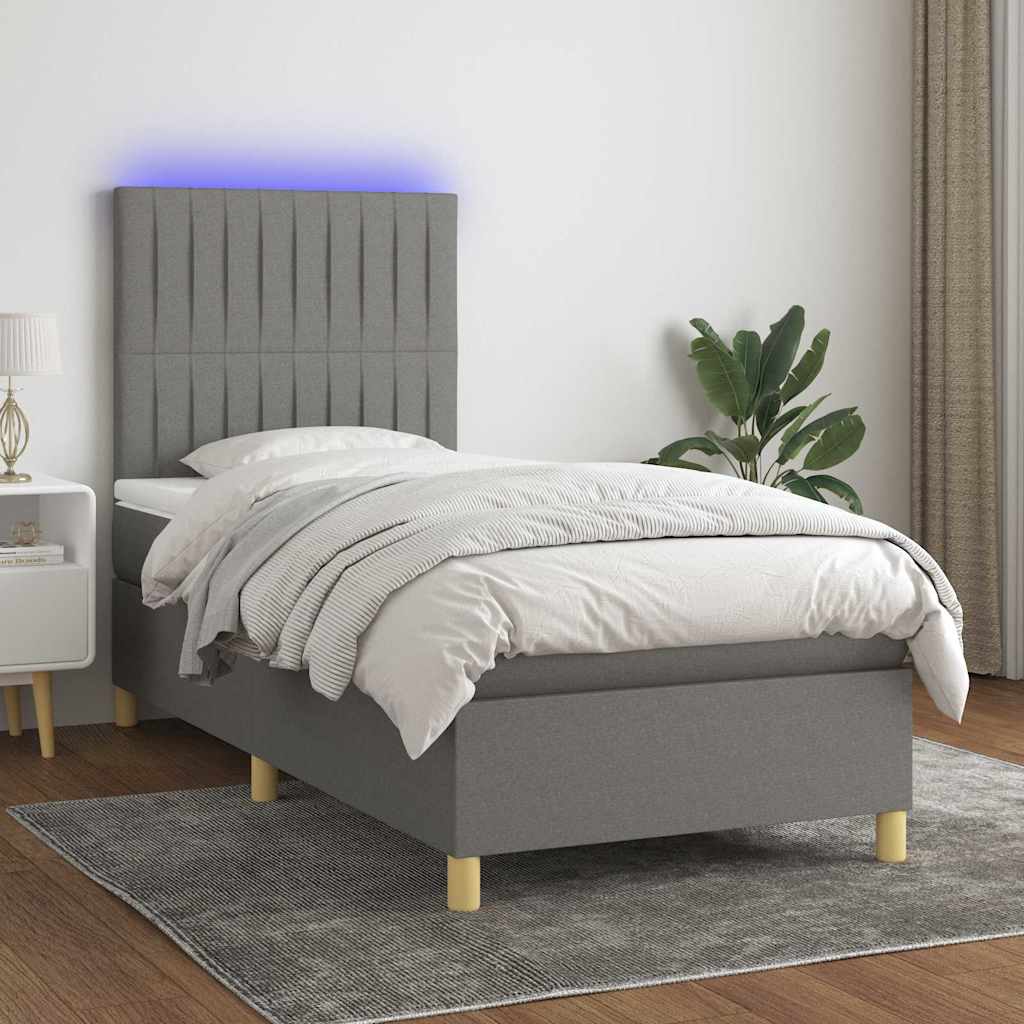 Sötétszürke szövet rugós és LED-es ágy matraccal 90x190 cm