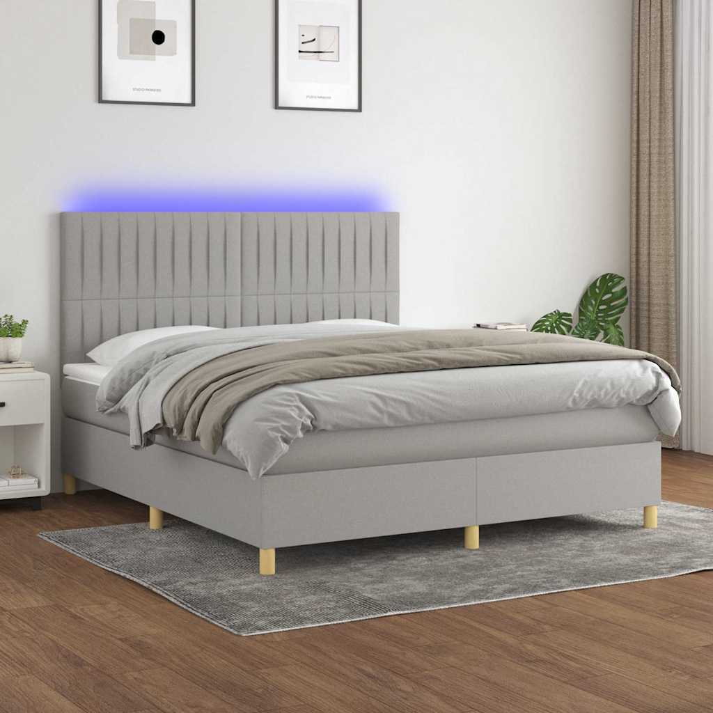 Világosszürke szövet rugós és LED-es ágy matraccal 160x200 cm