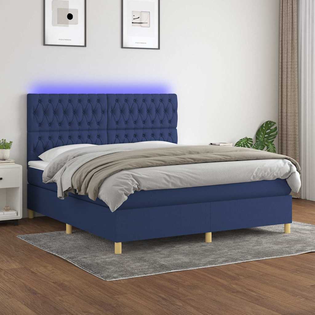 Kék szövet rugós és LED-es ágy matraccal 160x200 cm