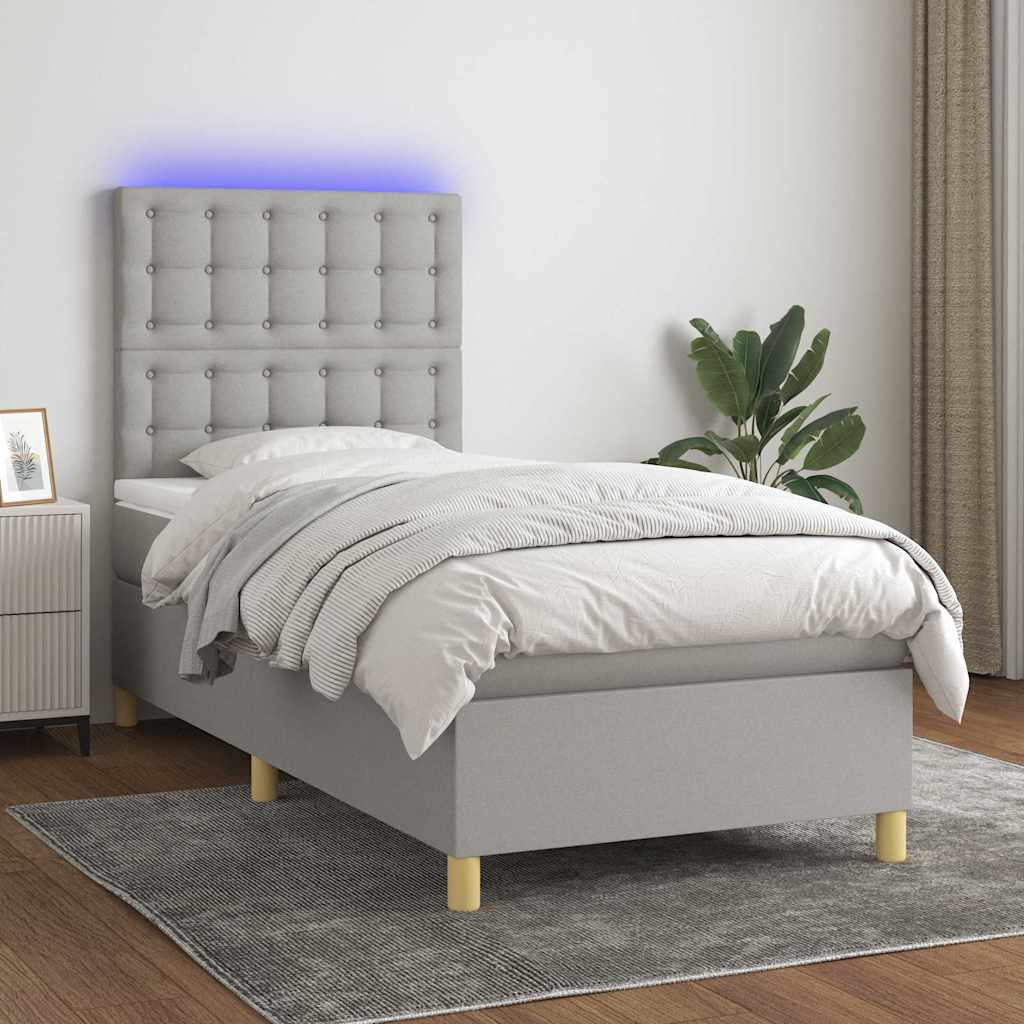 Világosszürke szövet rugós és LED-es ágy matraccal 80 x 200 cm