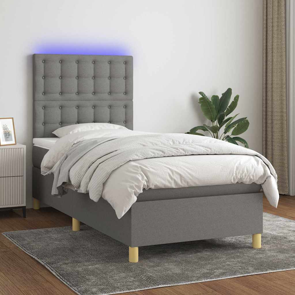 Sötétszürke szövet rugós és LED-es ágy matraccal 80 x 200 cm